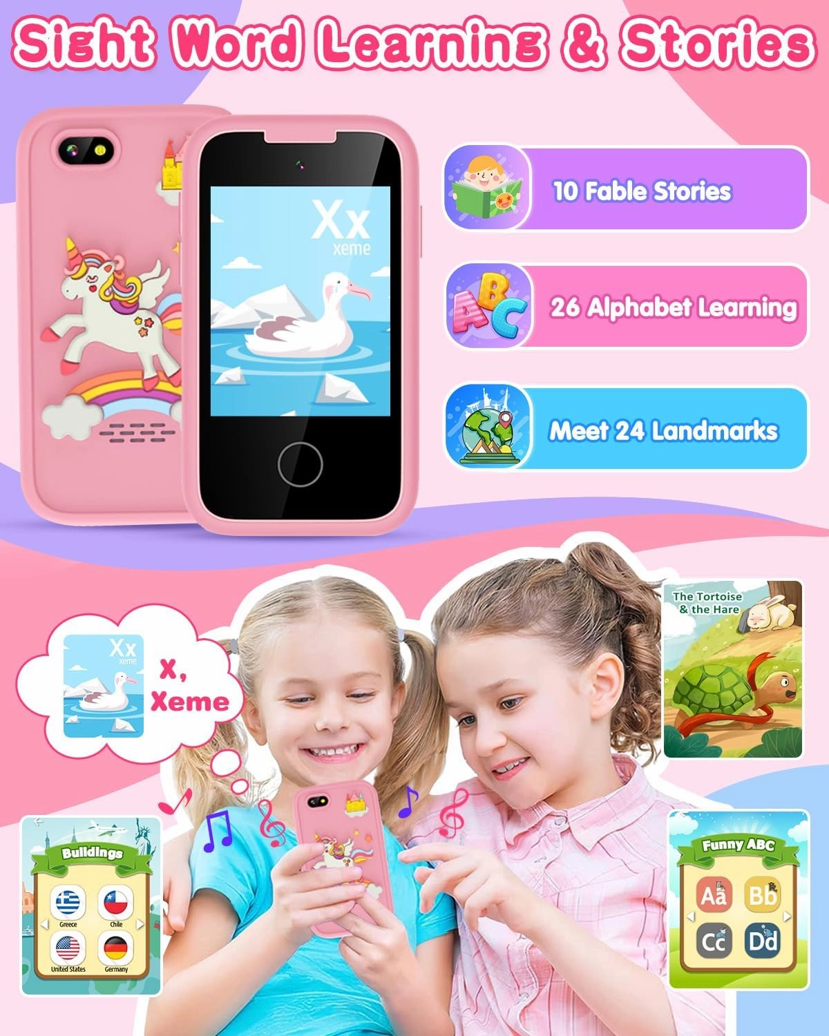 Kids Smart Phone for Girls Touchscreen Kids Phone Gifts for Girls Age 6-8 with Dual Camera Music Game Learning Toy Phone Christmas Birthday Gifts for 3 4 5 6 7 8 Year Old Girls with 8G SD Card