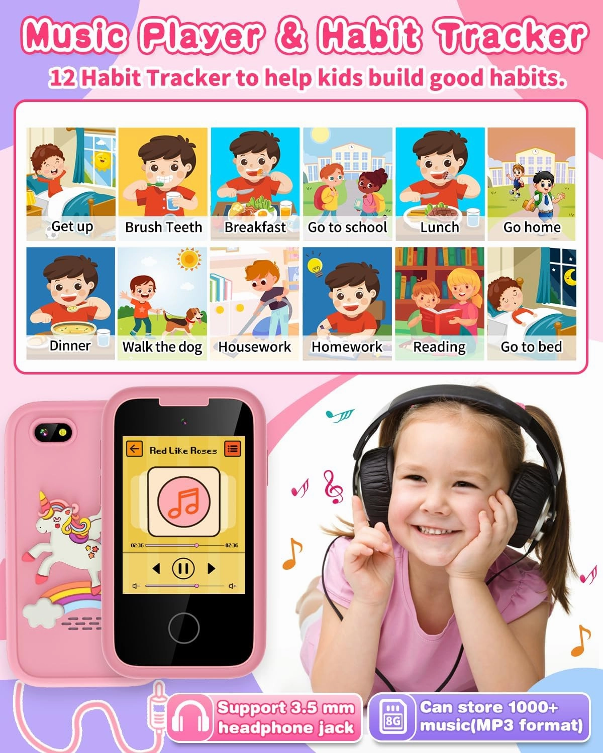 Kids Smart Phone for Girls Touchscreen Kids Phone Gifts for Girls Age 6-8 with Dual Camera Music Game Learning Toy Phone Christmas Birthday Gifts for 3 4 5 6 7 8 Year Old Girls with 8G SD Card