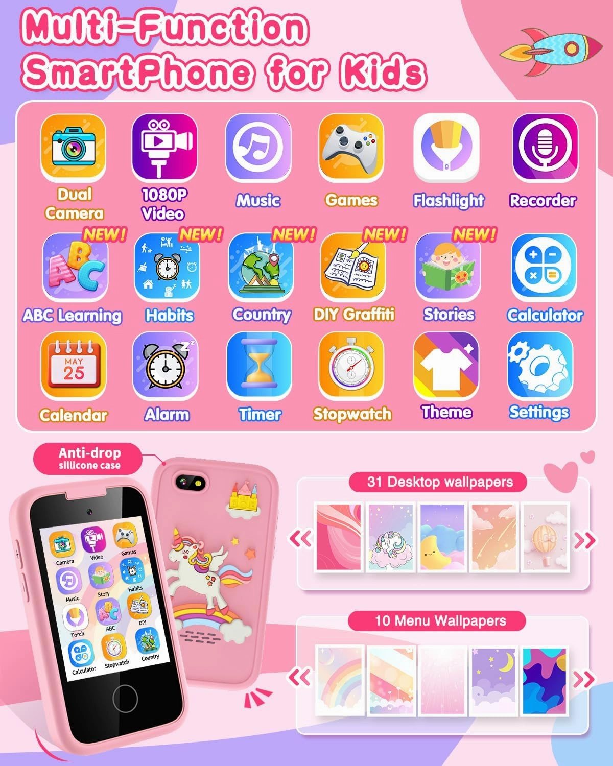 Kids Smart Phone for Girls Touchscreen Kids Phone Gifts for Girls Age 6-8 with Dual Camera Music Game Learning Toy Phone Christmas Birthday Gifts for 3 4 5 6 7 8 Year Old Girls with 8G SD Card
