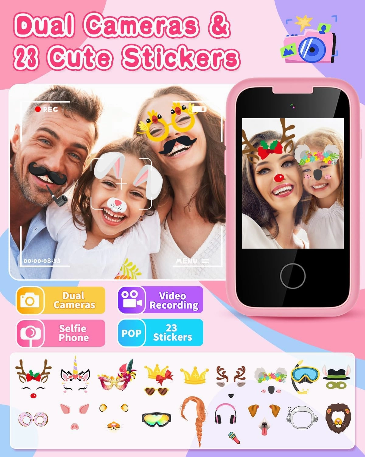 Kids Smart Phone for Girls Touchscreen Kids Phone Gifts for Girls Age 6-8 with Dual Camera Music Game Learning Toy Phone Christmas Birthday Gifts for 3 4 5 6 7 8 Year Old Girls with 8G SD Card