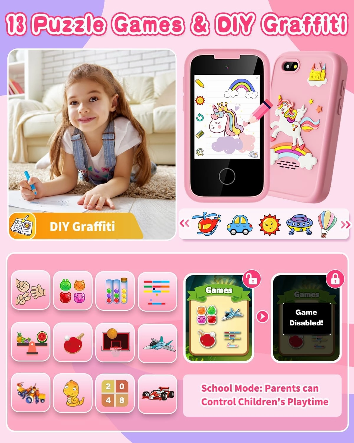 Kids Smart Phone for Girls Touchscreen Kids Phone Gifts for Girls Age 6-8 with Dual Camera Music Game Learning Toy Phone Christmas Birthday Gifts for 3 4 5 6 7 8 Year Old Girls with 8G SD Card