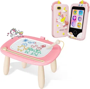 Kikidex Toddlers Toys Age 1-3,Magnetic Drawing Board (Pink) Bundle with Kids Smart Phone (Pink) Perfect Christmas Gifts for 3-10 Year Old.