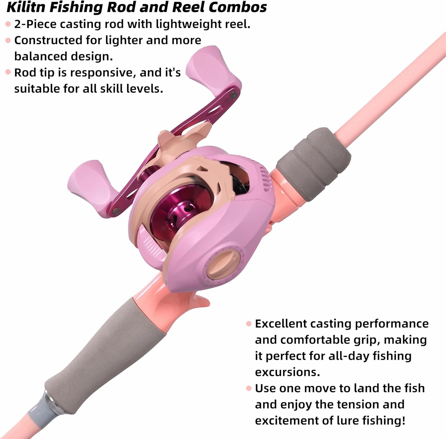 Kilitn Fishing Rod and Reel Combo, Pink Color Baitcasting Combo Baitcast Reel, 2-Piece Baitcaster Rod, Durable Fiberglass with Comfortable EVA Handle for Girl, Woman, or Beginner
