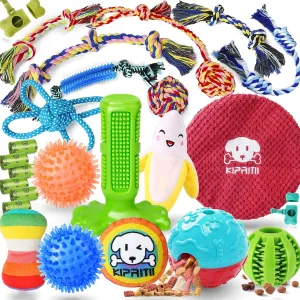 KIPRITII 25 Pack Various Puppy Dog Toys for Teething, Entertainment & Interaction, Puppy Chew Toys Pack with Rope Toy, Treat Balls and Dog Squeaky Toys for Puppy & Small Dogs