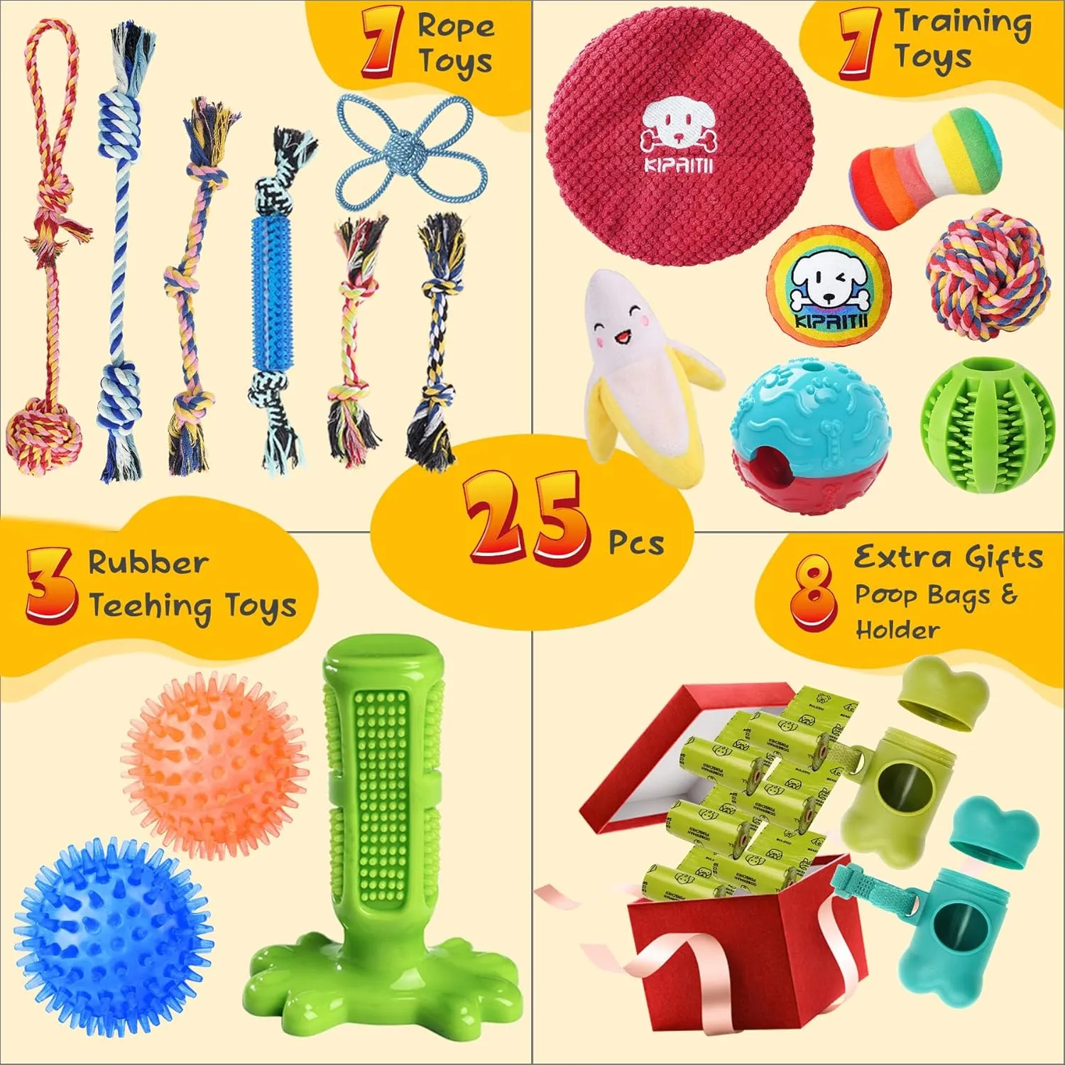 KIPRITII 25 Pack Various Puppy Dog Toys for Teething, Entertainment & Interaction, Puppy Chew Toys Pack with Rope Toy, Treat Balls and Dog Squeaky Toys for Puppy & Small Dogs