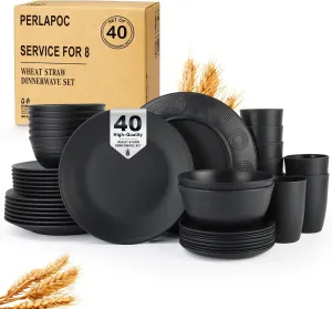 Kitchen Wheat Straw Dinnerware Set 40 PCS Dishes Sets for 8 Plastic Plates Reusable Dinner Plates Cereal Bowls Small Cups Dishwasher & Microwave Safe Unbreakable Dish Set for Picnic RV-Black