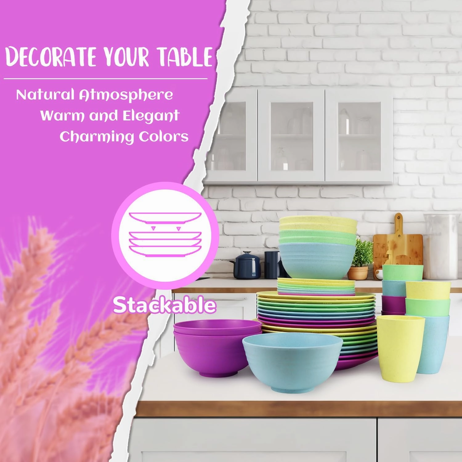 Kitchen Wheat Straw Dinnerware Set | Service for 8 | Unbreakable Dinnerware Set Plates and Bowls Sets Dinner Plates Dessert Plates Drinking Glasses Cereal Bowls Kitchen Dishes Set - Memphis