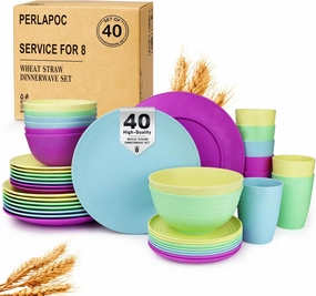 Kitchen Wheat Straw Dinnerware Set | Service for 8 | Unbreakable Dinnerware Set Plates and Bowls Sets Dinner Plates Dessert Plates Drinking Glasses Cereal Bowls Kitchen Dishes Set - Memphis