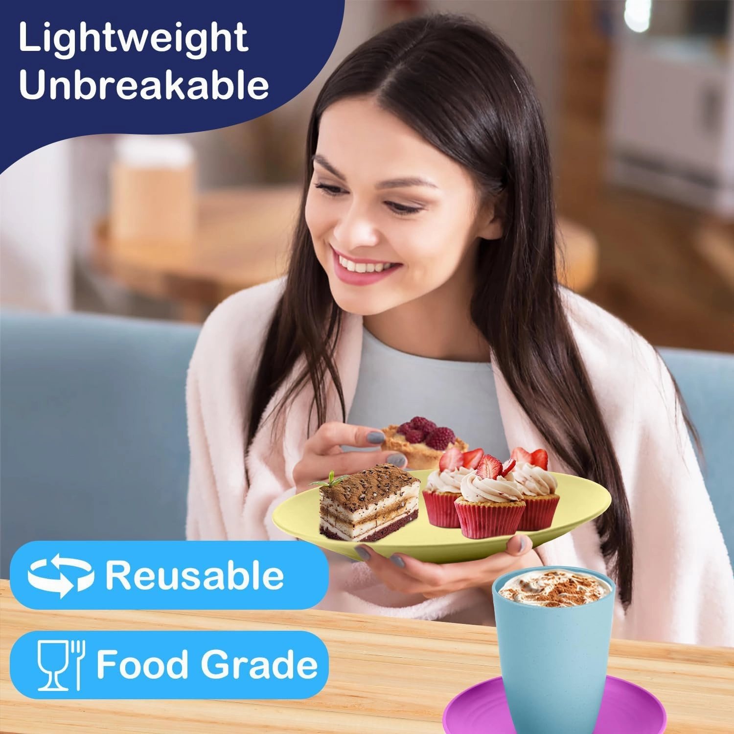 Kitchen Wheat Straw Dinnerware Set | Service for 8 | Unbreakable Dinnerware Set Plates and Bowls Sets Dinner Plates Dessert Plates Drinking Glasses Cereal Bowls Kitchen Dishes Set - Memphis
