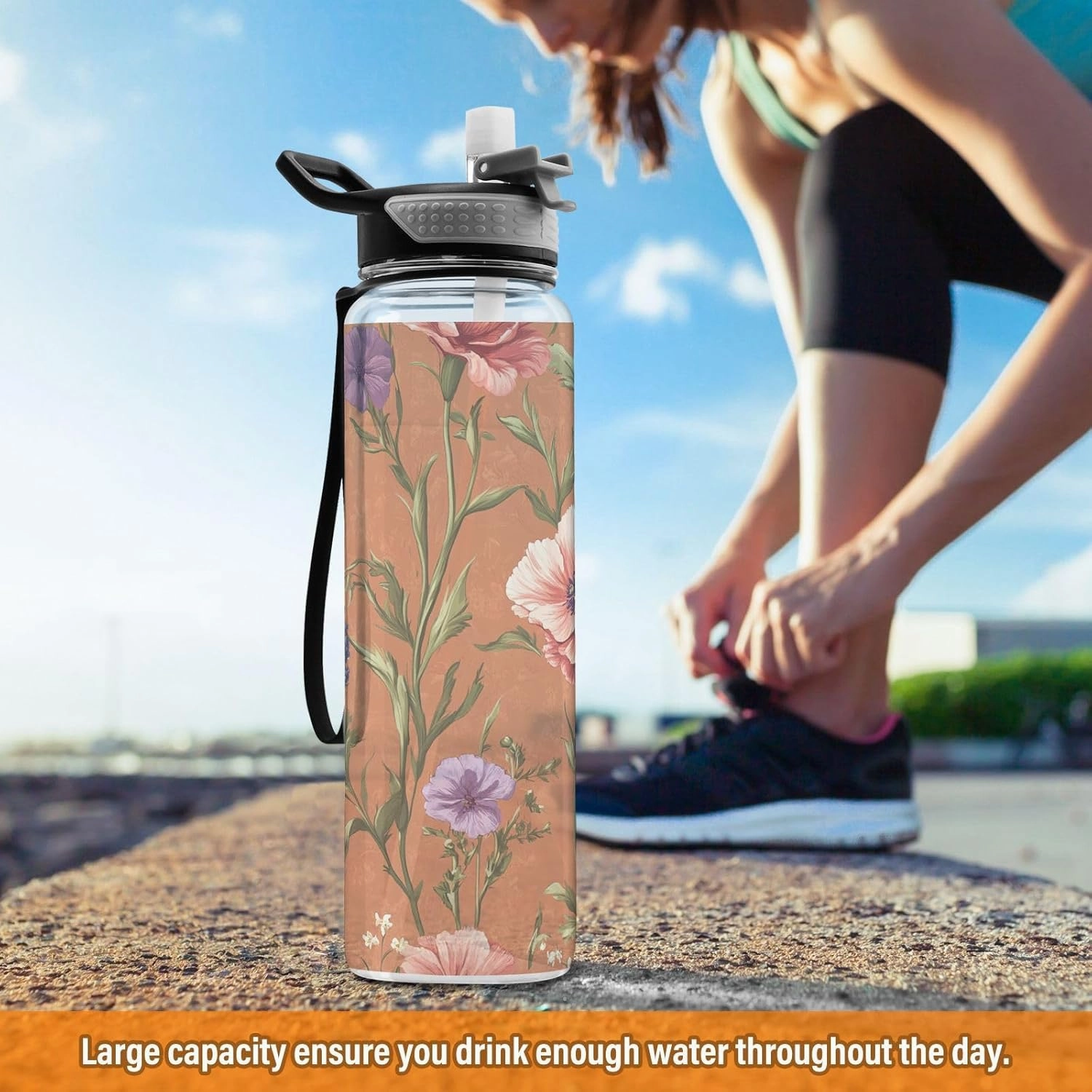 KLL Flowers Carnation Phlox Thyme Terracotta Water Bottles Tritan Reusable Water Bottle with Wide Mouth for School 32oz