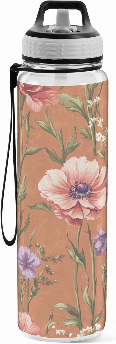 KLL Flowers Carnation Phlox Thyme Terracotta Water Bottles Tritan Reusable Water Bottle with Wide Mouth for School 32oz