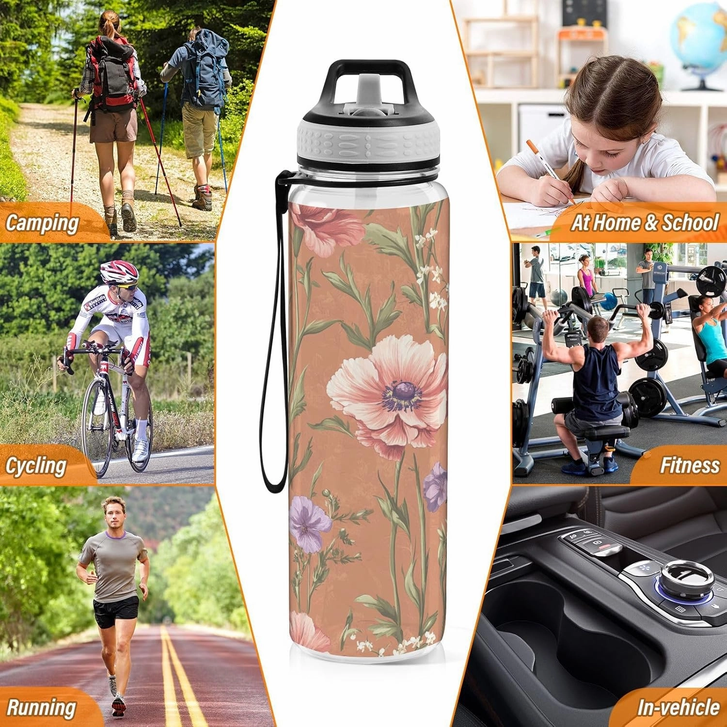 KLL Flowers Carnation Phlox Thyme Terracotta Water Bottles Tritan Reusable Water Bottle with Wide Mouth for School 32oz