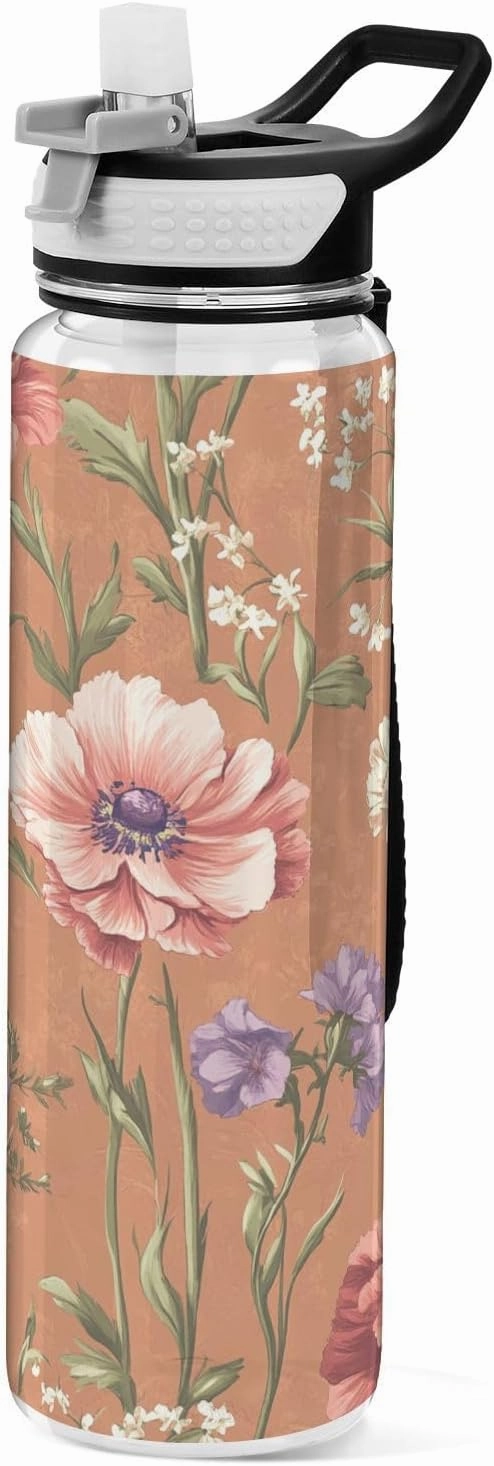 KLL Flowers Carnation Phlox Thyme Terracotta Water Bottles Tritan Reusable Water Bottle with Wide Mouth for School 32oz