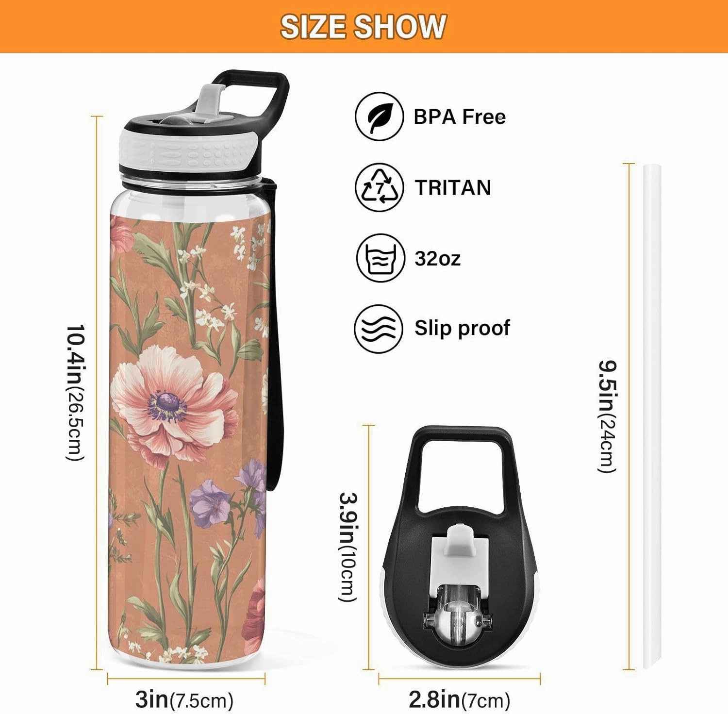 KLL Flowers Carnation Phlox Thyme Terracotta Water Bottles Tritan Reusable Water Bottle with Wide Mouth for School 32oz