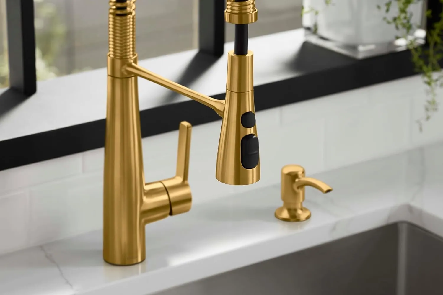 KOHLER K-REC22745-SD-2MB Semi-Professional Kitchen Faucet with Soap Dispenser/Lotion Dispenser, Commercial Kitchen Sink Faucet with Pull-Down Sprayhead, Vibrant Brushed Moderne Brass