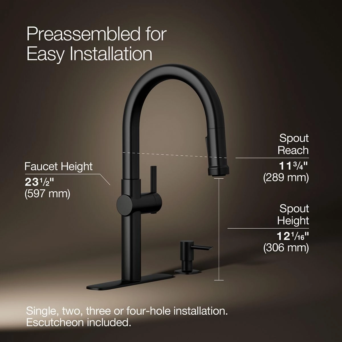Kohler R22153-SD-BL Rune Single Handle Kitchen Faucet with Pull Down Sprayer and Soap Dispenser, Matte Black