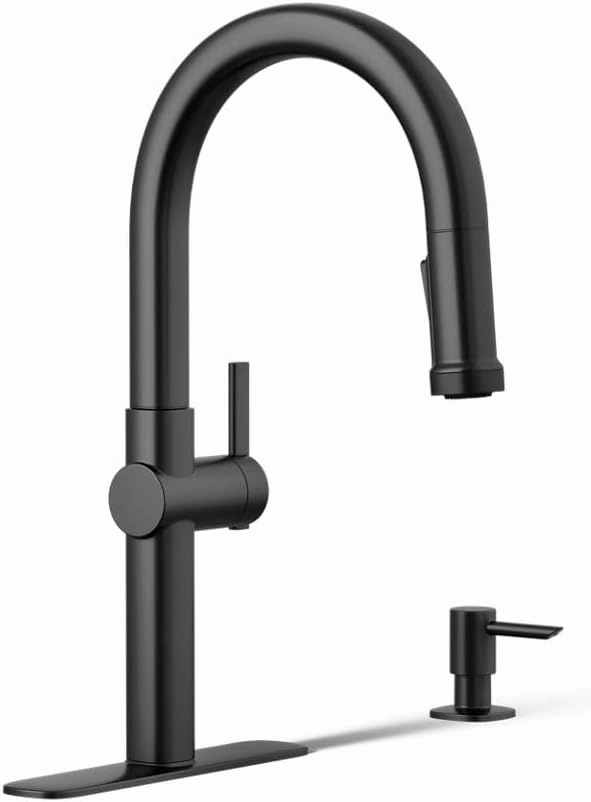 Kohler R22153-SD-BL Rune Single Handle Kitchen Faucet with Pull Down Sprayer and Soap Dispenser, Matte Black