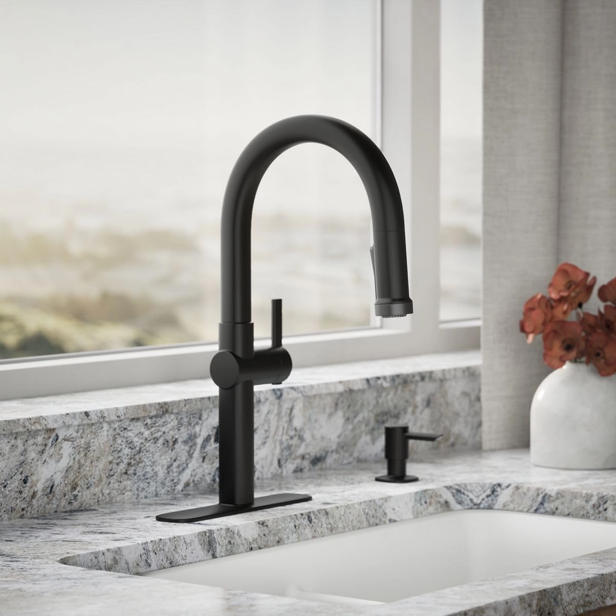 Kohler R22153-SD-BL Rune Single Handle Kitchen Faucet with Pull Down Sprayer and Soap Dispenser, Matte Black