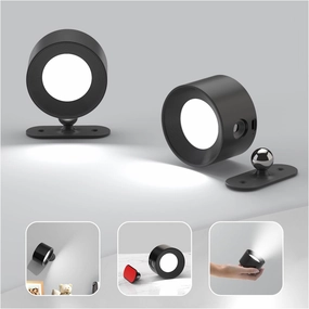 Koopala 2PCS Rechargeable Battery Operated LED Wall Lamps, Wall Mounted Lights with 3 Brightness 3 Color Temp Removable Charging 360°Rotate Magnetic, Cordless Wall Sconces for Reading Bedside-Black