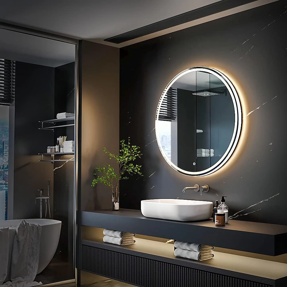 KWW 28 Inch Large Modern LED Round Bathroom Vanity Mirror, Color Temperature Adjustable, Anti-Fog Dimmable Lights, Easy to Install, Wall Mounted Makeup Mirror with Smart Touch Button