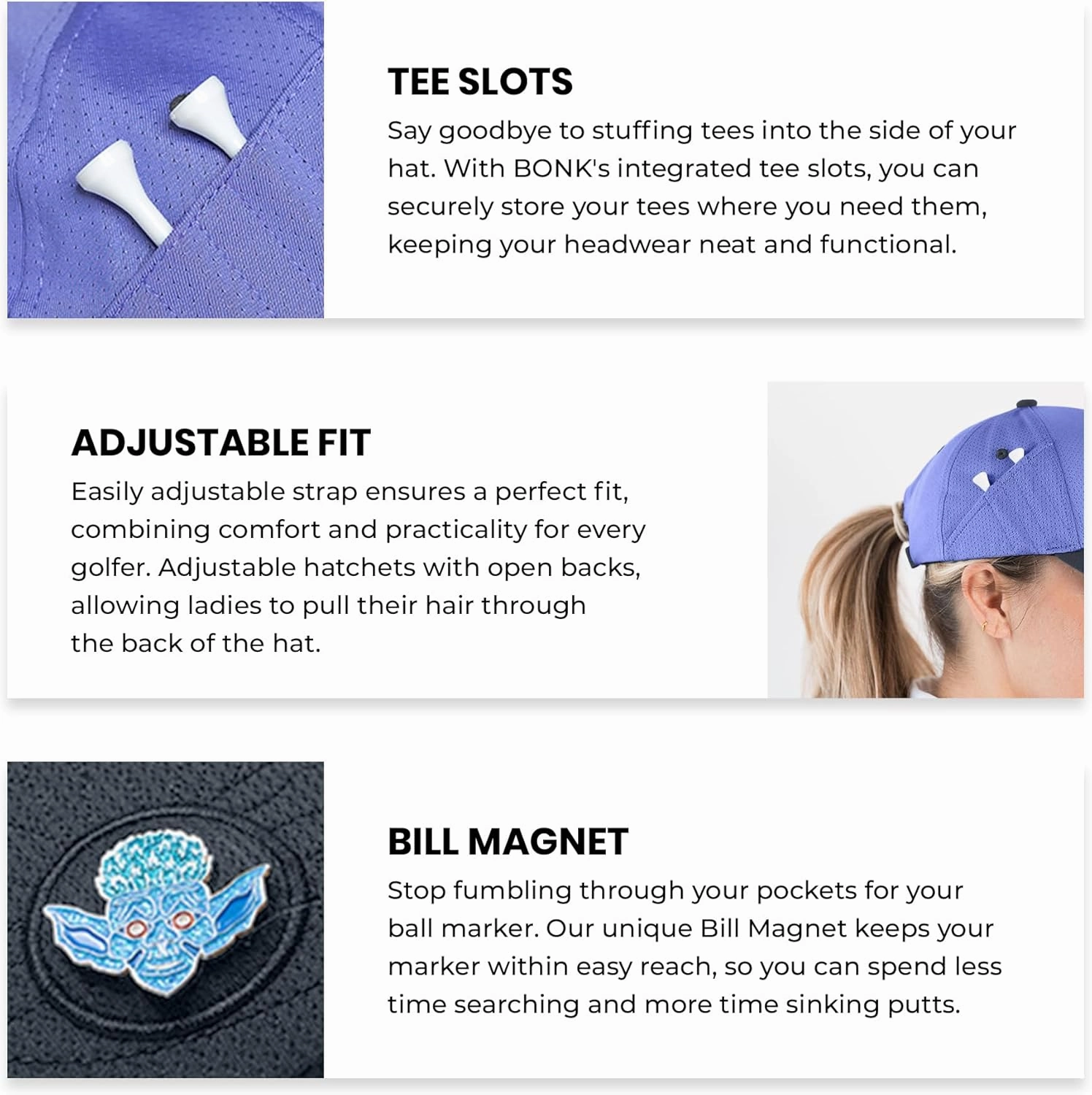 Ladies Adjustable Hats - Tee Holder with Tees & Bill Magnet with Ball Marker - 100% Custom Made