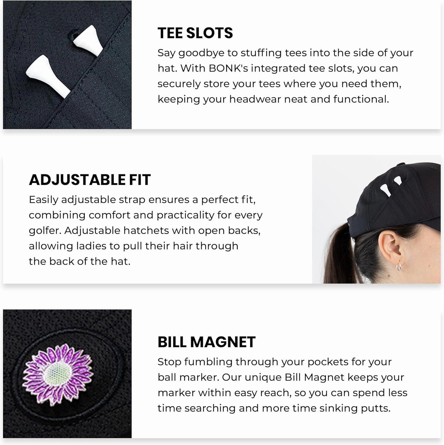 Ladies Adjustable Hats - Tee Holder with Tees & Bill Magnet with Ball Marker - 100% Custom Made