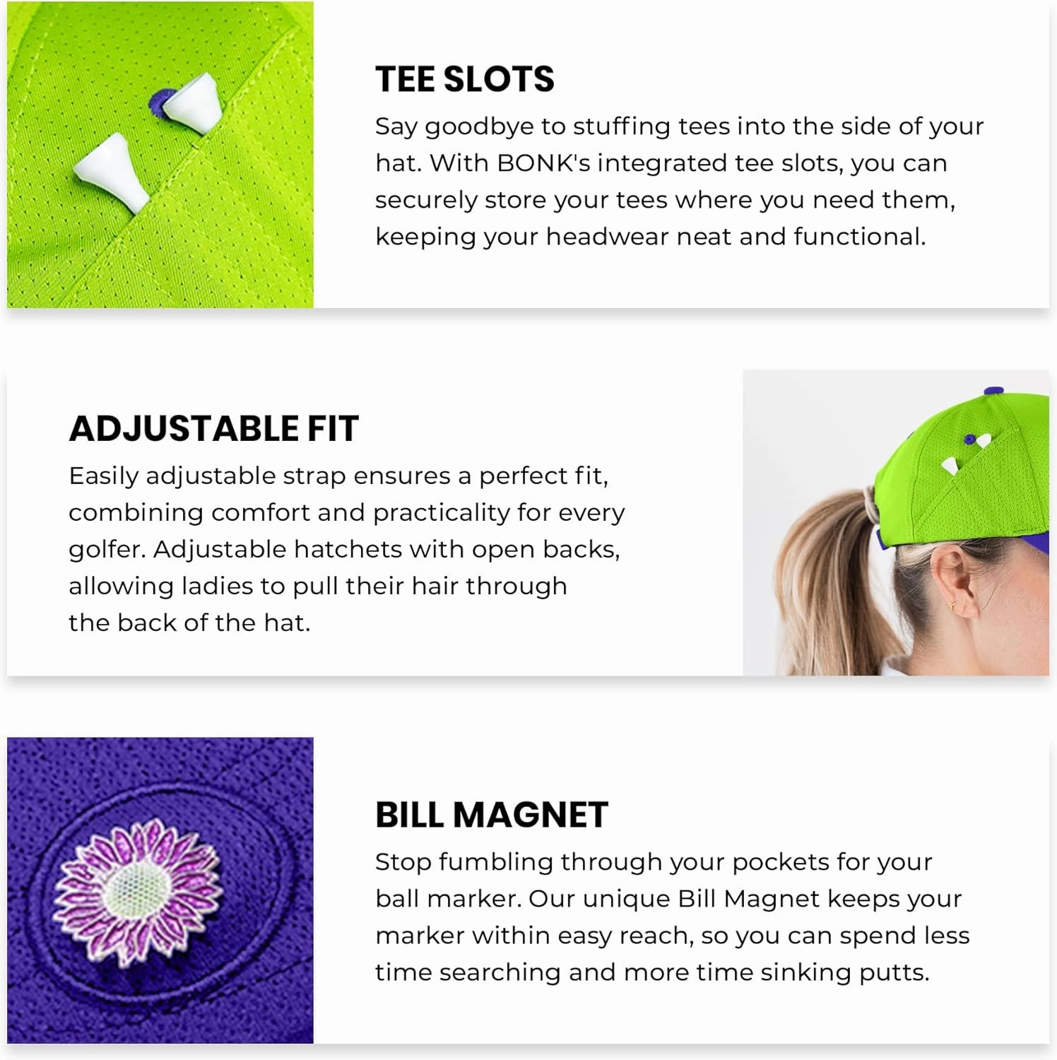 Ladies Adjustable Hats - Tee Holder with Tees & Bill Magnet with Ball Marker - 100% Custom Made