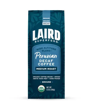 Laird Superfood Peruvian Medium Roast Decaffeinated Ground Coffee, Chemical-Free Decaf Swiss Water Processed Ground Coffee, Gluten-Free, Dairy-Free, Non-GMO, Paleo, Keto Friendly, 12 oz. Bag