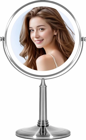 Large 4500mAh Rechargeable Lighted Makeup Mirror Nickel, 2-Sided 1X/10X HD Undistorted Magnifying Mirror with 3 Color Lights Dimmable, 360° Swivel Seamless Cordless Travel Vanity Mirror -Detachable