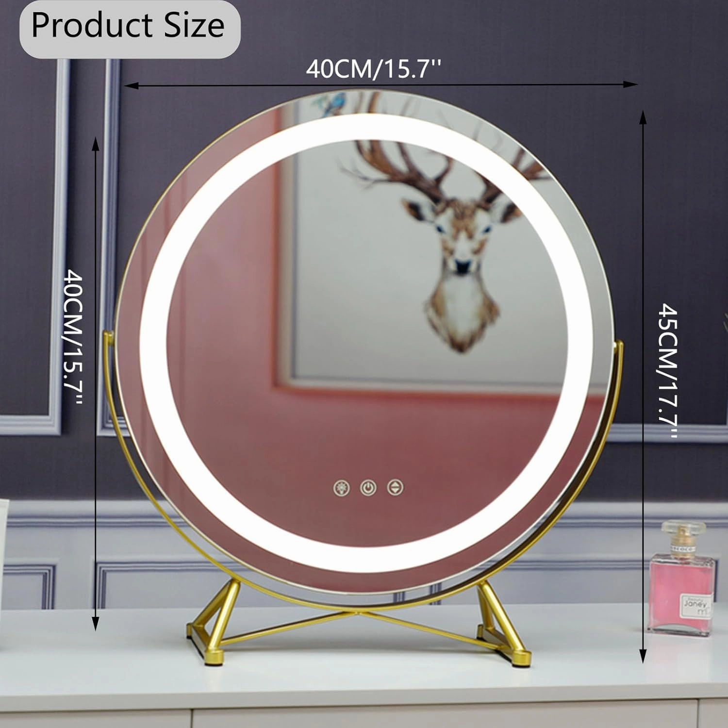 Large LED Vanity Makeup Mirror with Lights Round, 3 Color Lighting Modes and Adjustable Brightness,360° Rotation Touch Screen Vanity Mirror, for Dressing Room, Bedroom,White,40CM/15.7''