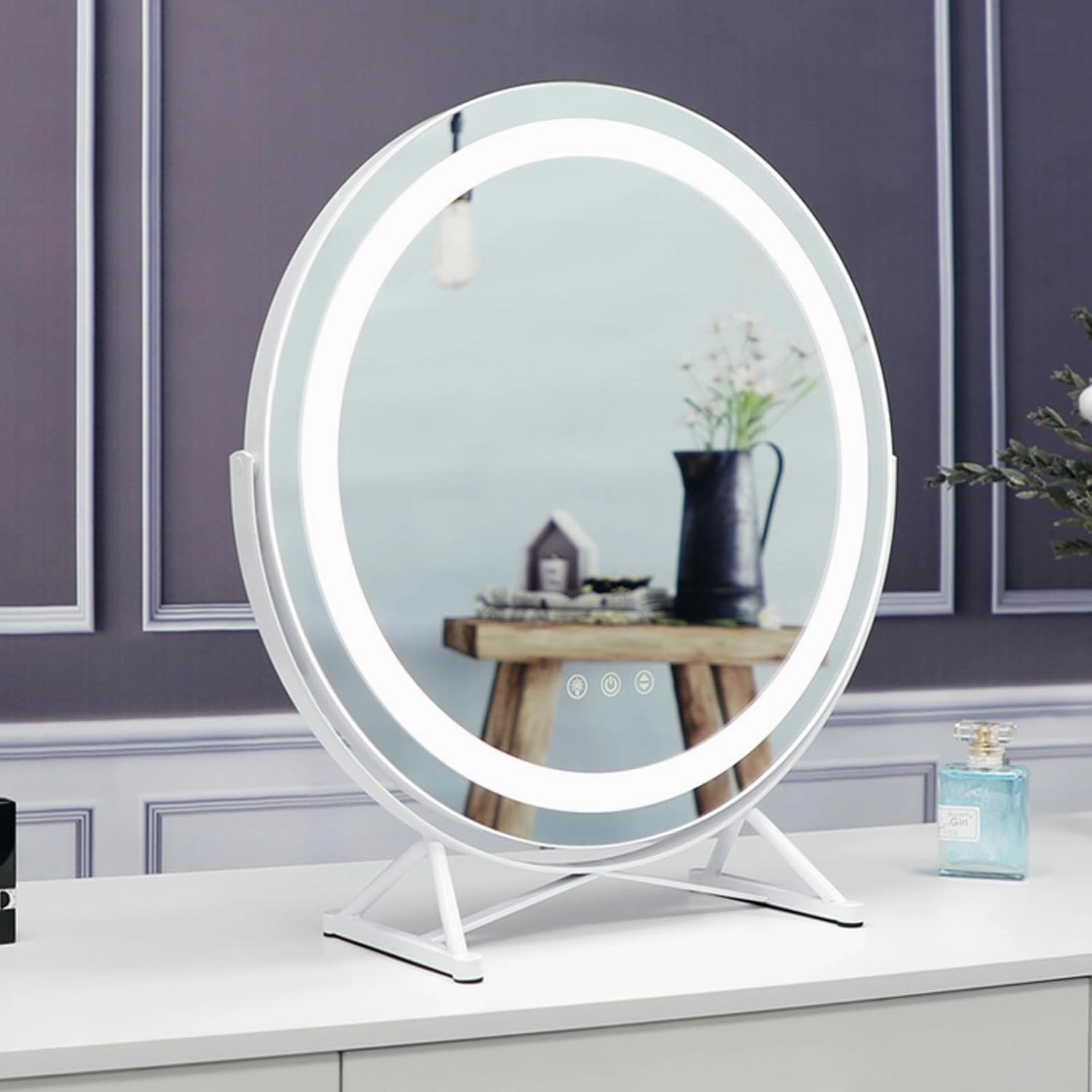 Large LED Vanity Makeup Mirror with Lights Round, 3 Color Lighting Modes and Adjustable Brightness,360° Rotation Touch Screen Vanity Mirror, for Dressing Room, Bedroom,White,40CM/15.7''