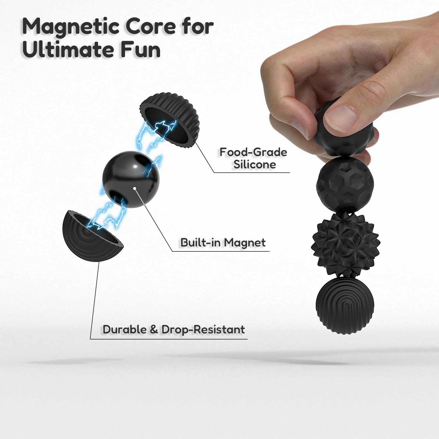 Large Magnetic Sensory Fidget Ball Toy, 8Pcs Silicone Sensory Stress Relief Toys for Adults, Teens with Autism, ADHD, Anxiety, Stocking Stuffers for Women Men Teen Gift (Black, Large)