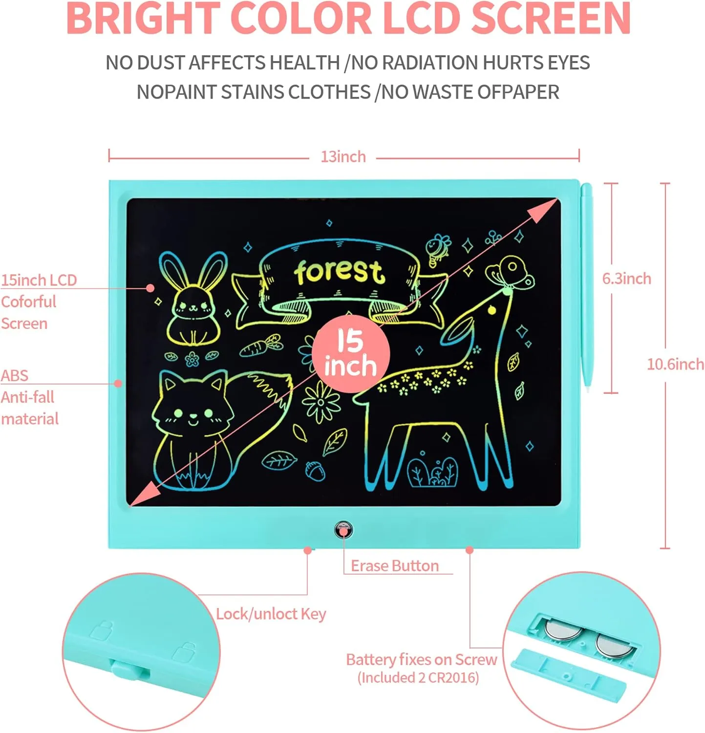 LCD Writing Tablet for Kids, 15 Inch Colorful Electronic Doodle Board, Educational Learning Kids Drawing Tablet Toys, Christmas Birthday Gift for 3 4 5 6 7 8 9 Year Old Girls Boy