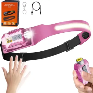 LED Headlamp Rechargeable with 230°Beam, Head Flashlight Hard Hat Light 400 Lumens, IP65 Waterproof and Dimmable for Backpacking, Camping, Running, Hiking, Fishing, Working (Pink)