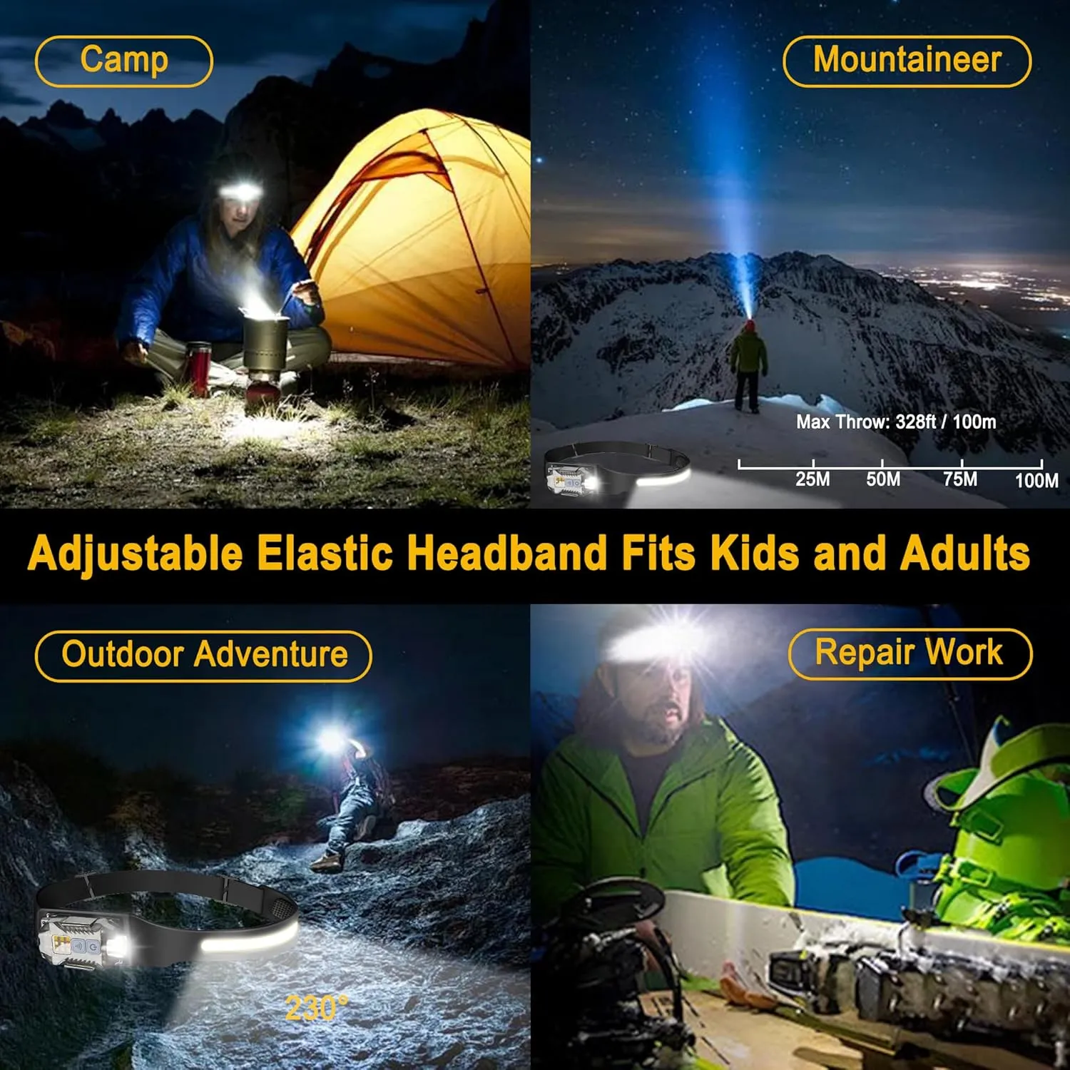 LED Headlamp Rechargeable with 230°Beam, Head Flashlight Hard Hat Light 400 Lumens, IP65 Waterproof and Dimmable for Backpacking, Camping, Running, Hiking, Fishing, Working (Pink)