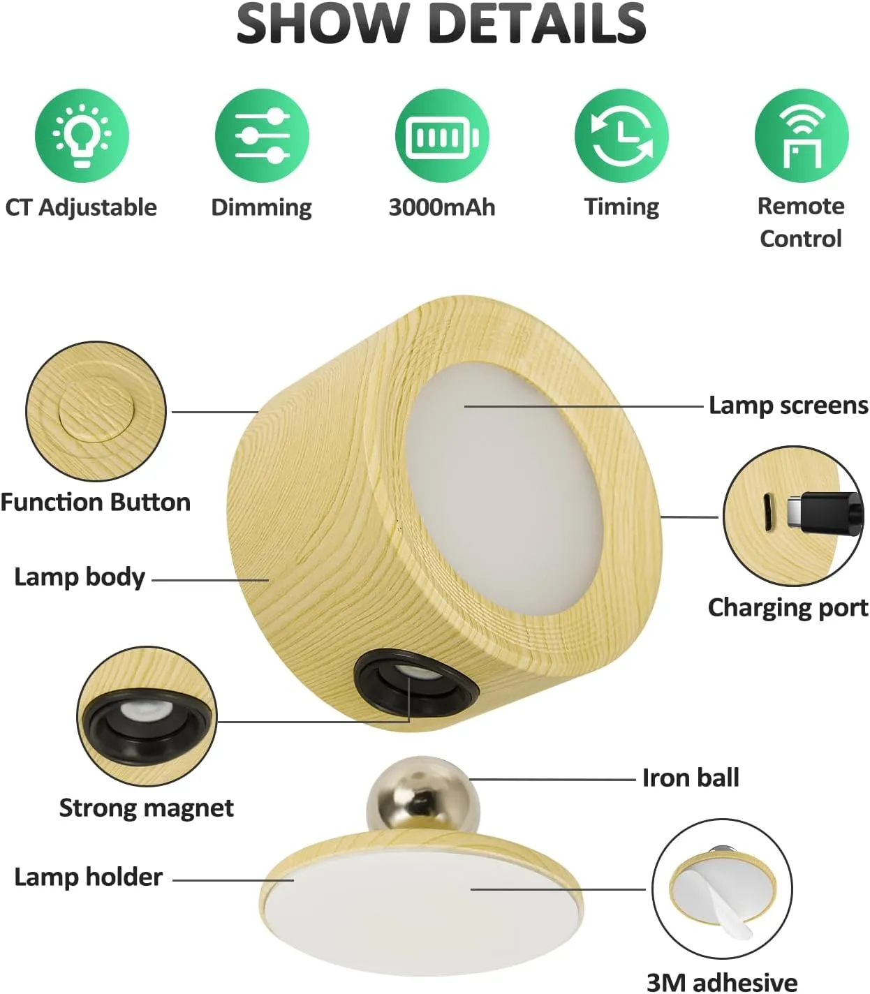 LED Wall Sconces, Wall Mounted Lamp 3 Pcs with Remote Rechargeable Battery Operated, 3 Color Temperatures & Dimmable Wall Lights Magnetic 360° Rotation Wireless Light