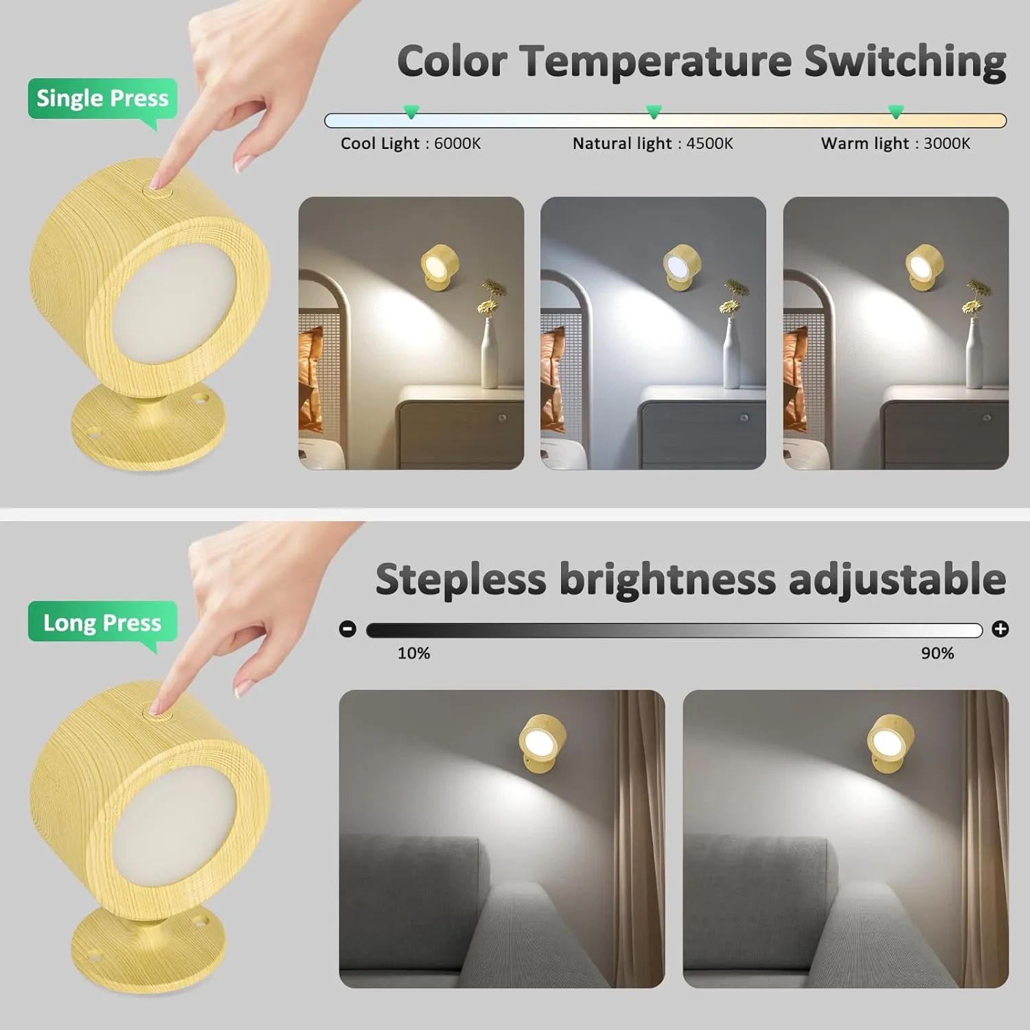 LED Wall Sconces, Wall Mounted Lamp 3 Pcs with Remote Rechargeable Battery Operated, 3 Color Temperatures & Dimmable Wall Lights Magnetic 360° Rotation Wireless Light