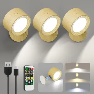 LED Wall Sconces, Wall Mounted Lamp 3 Pcs with Remote Rechargeable Battery Operated, 3 Color Temperatures & Dimmable Wall Lights Magnetic 360° Rotation Wireless Light