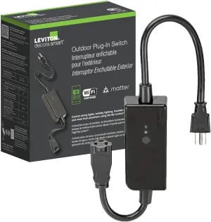 Leviton Decora Smart Wi-Fi Outdoor Plug, Works with Matter, My Leviton, Alexa, Google Assistant, Apple Home/Siri & Wire-Free Anywhere Switch Companion, Weather-Resistant, D215O-1RE, Black