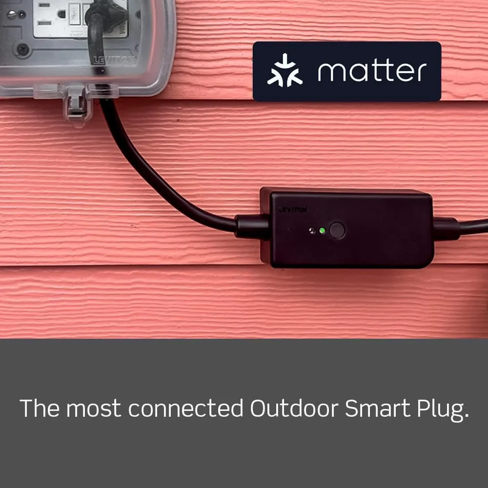 Leviton Decora Smart Wi-Fi Outdoor Plug, Works with Matter, My Leviton, Alexa, Google Assistant, Apple Home/Siri & Wire-Free Anywhere Switch Companion, Weather-Resistant, D215O-1RE, Black