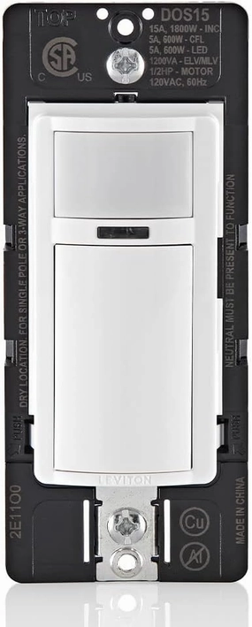 Leviton DOS15-1LZ Decora Occupancy Motion Sensor in-Wall Switch, Auto-On or Manual-On, 15A, Single Pole, Multi-Way or Multi-Sensor, White with Ivory, Light Almond Faceplates
