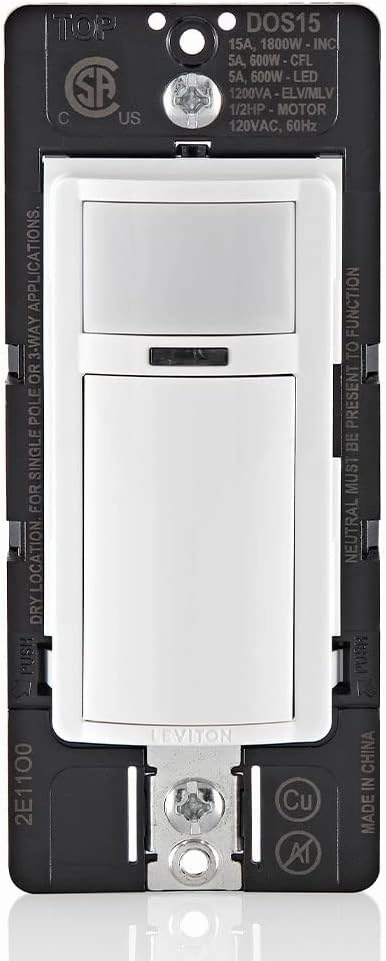 Leviton DOS15-1LZ Decora Occupancy Motion Sensor in-Wall Switch, Auto-On or Manual-On, 15A, Single Pole, Multi-Way or Multi-Sensor, White with Ivory, Light Almond Faceplates
