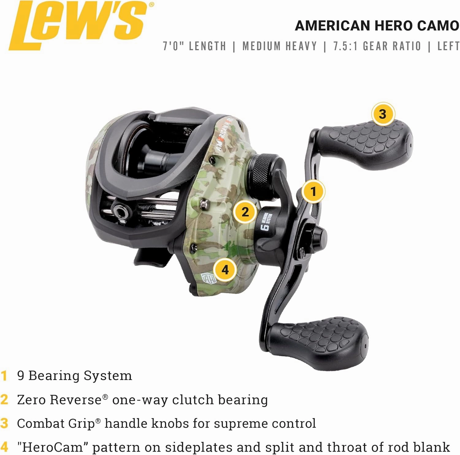 Lew’s American Hero Camo Baitcast Reel and Fishing Rod Combo, IM7 Graphite Rod, 5 1 Bearings, 7.5:1 Gear Ratio, One-Piece Graphite Frame, Camo/Black