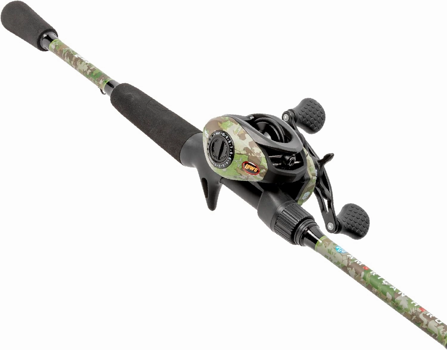 Lew’s American Hero Camo Baitcast Reel and Fishing Rod Combo, IM7 Graphite Rod, 5 1 Bearings, 7.5:1 Gear Ratio, One-Piece Graphite Frame, Camo/Black