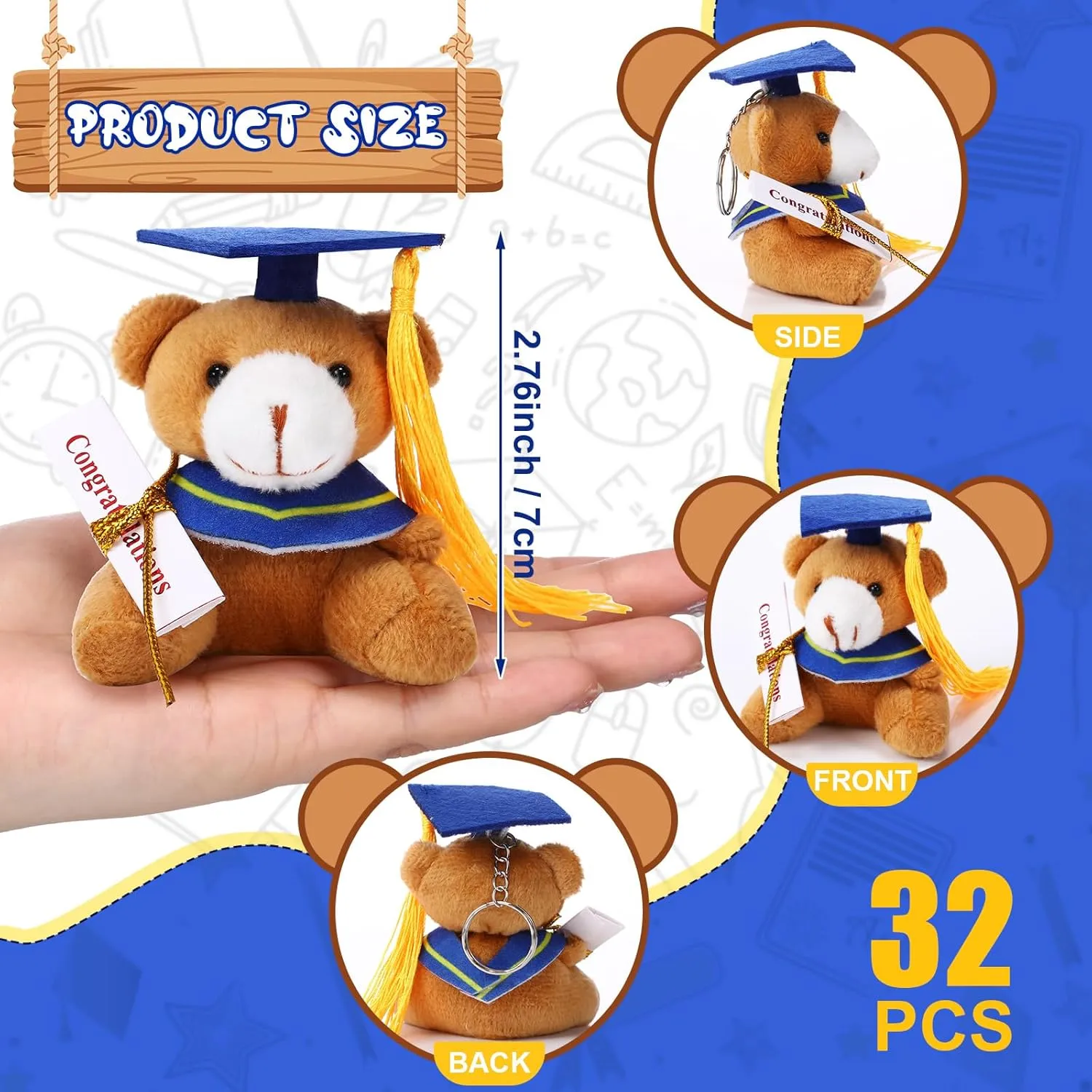 Libima 32 Pcs Mini Graduation Bear Bulk Graduation Teddies Bear Class of 2025 Mixed Color 2.76 Inch Tiny Graduation Bear Plush Kindergarten Graduation Gifts(Blue Cap)