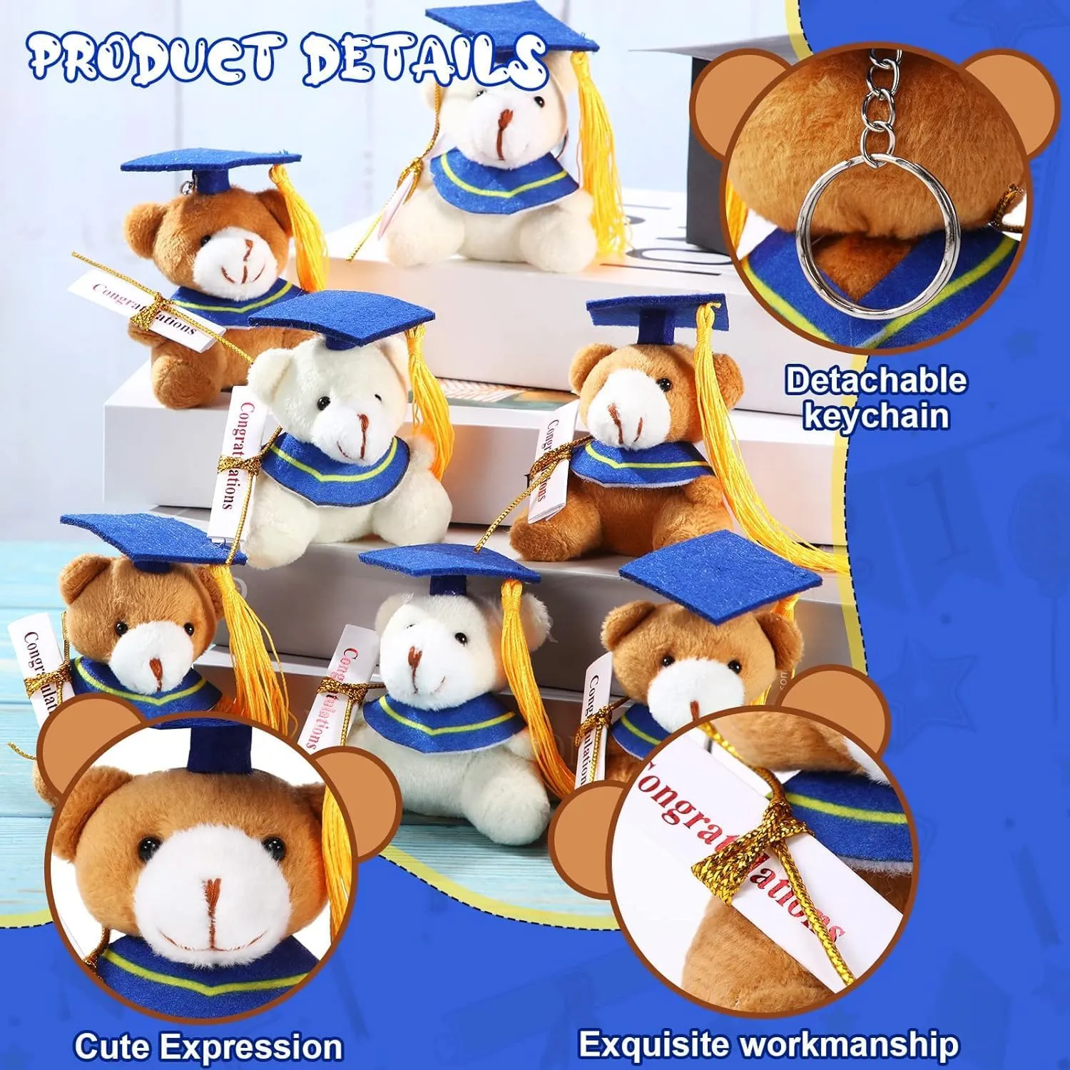 Libima 32 Pcs Mini Graduation Bear Bulk Graduation Teddies Bear Class of 2025 Mixed Color 2.76 Inch Tiny Graduation Bear Plush Kindergarten Graduation Gifts(Blue Cap)