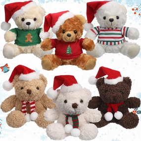 Liliful 6 Pieces Christmas Cute Animals Stuffed Animals 9 Inch with Christmas Hat Scarf Sweater Soft Plush Stuffed Bears Bulk for Xmas Graduation Party Gift Favors(Bear)