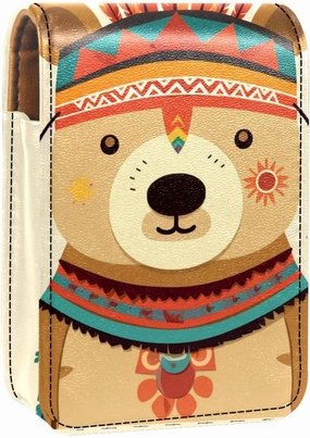 Lipstick Case,Leather Lip Gloss Lipstick Organizer with Mirror,Mini Lipstick Holder Bag,Ethnic Cartoon Indian Bear