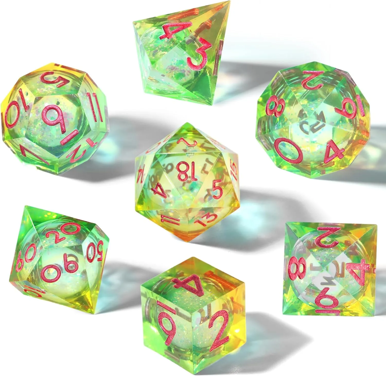 Liquid Core DND Dice Set for Dungeons and Dragons, 7 Piece Sharp Edge Resin DND Dice with Cardborad Box Role Playing Polyhedral D and D RPG Dice D20 D12 D10 D8 D6 D4（Liquid Yellow and Green）