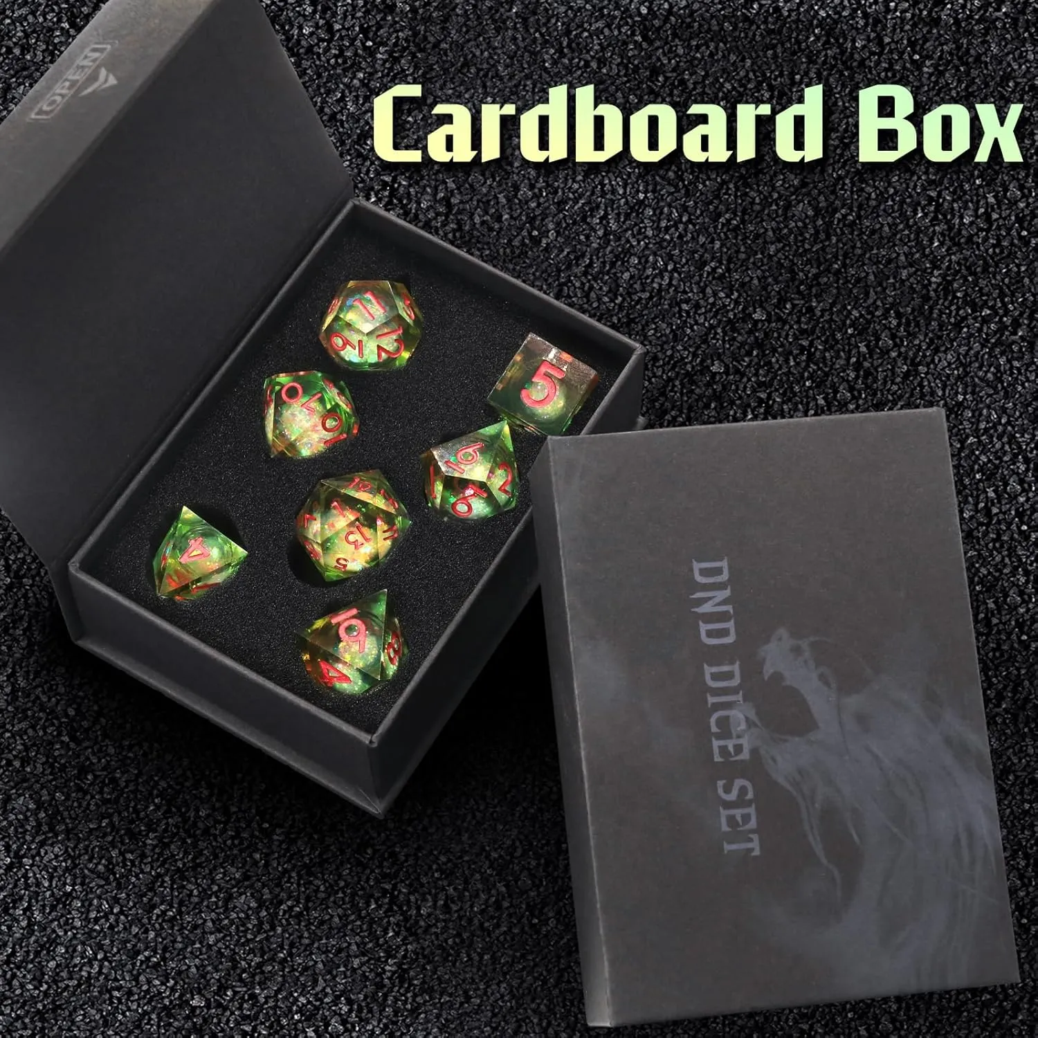Liquid Core DND Dice Set for Dungeons and Dragons, 7 Piece Sharp Edge Resin DND Dice with Cardborad Box Role Playing Polyhedral D and D RPG Dice D20 D12 D10 D8 D6 D4（Liquid Yellow and Green）
